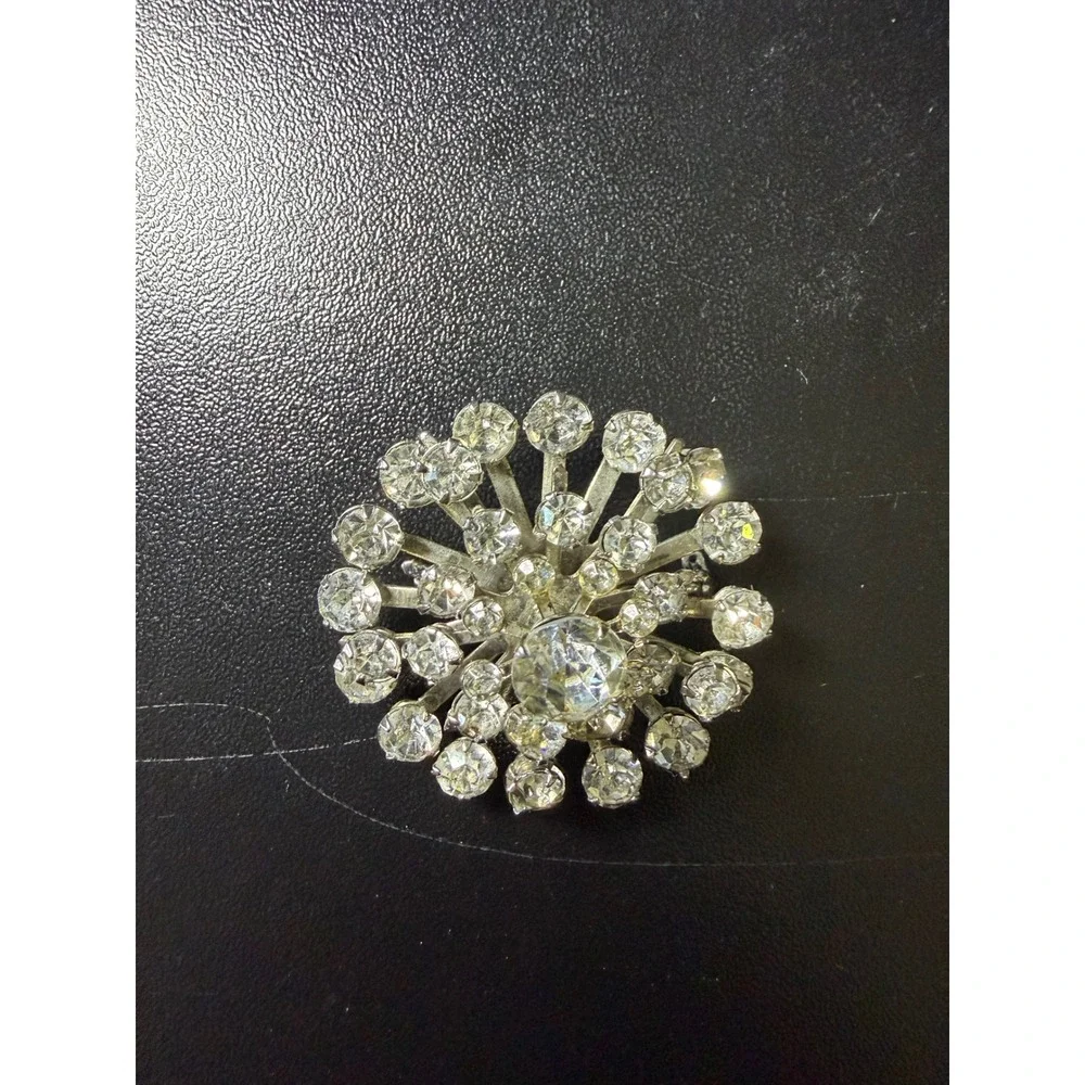 Vintage Sunburst Brooch Silver Tone Clear Rhinestone Starburst Floral Pin